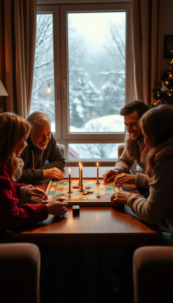 A cozy living room setting with a group of friends gathered around a table, playing an engaging board game. The scene is bathed in warm, natural lighting, with a KlickKiste serving as the centerpiece. In the background, a soft winter landscape can be seen through a large window, creating a sense of coziness and togetherness. The friends are leaning in, their expressions animated as they collaborate and strategize, embodying the essence of &quot;klassiker teamgeist.&quot; The overall mood is inviting, authentic, and inspirational, capturing the spirit of family and friends coming together for a memorable Silvester celebration.