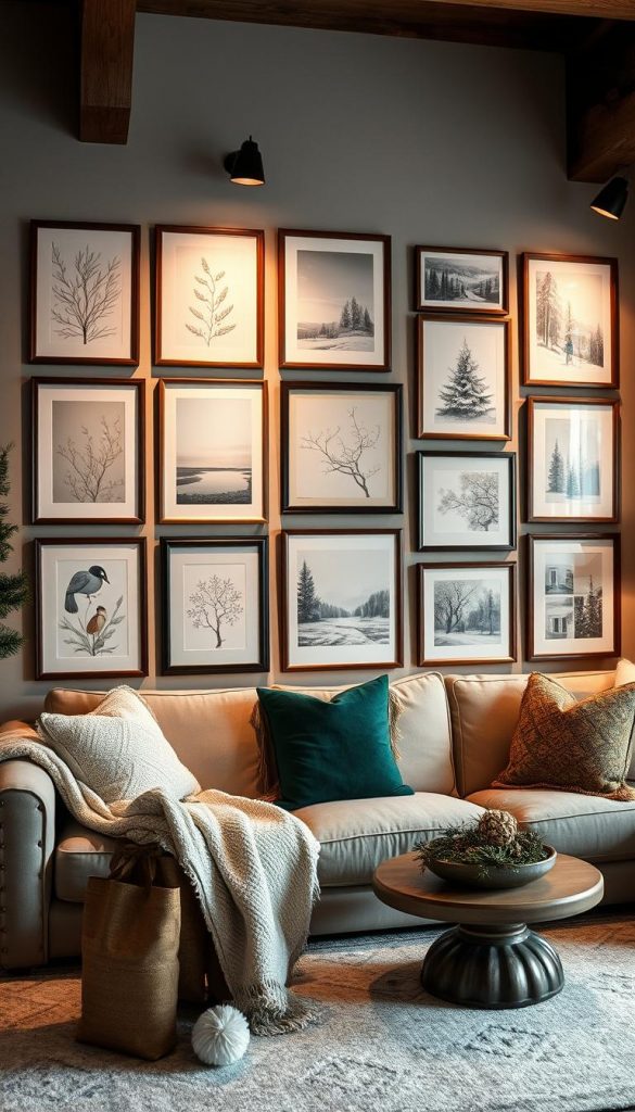 A cozy living room with a beautifully curated &quot;bilderwand&quot; showcasing an array of framed artwork. The walls are adorned with a harmonious collection of nature-inspired illustrations and abstract winter scenes, creating a warm and inviting atmosphere. The lighting is soft and diffused, casting a gentle glow that enhances the colors and textures of the displayed pieces. The overall aesthetic is authentic and Pinterest-worthy, exuding a sense of rustic charm and winter coziness. Delicate snowflake motifs and a subtle touch of holiday cheer add a touch of whimsy to the elegant and stylish design.