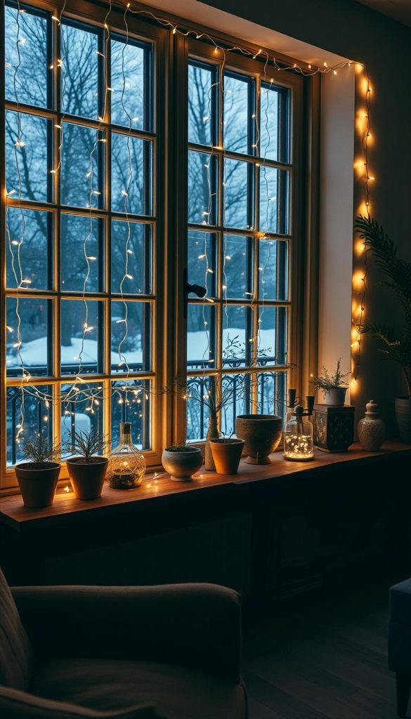 A cozy living room with a large window, filled with warm-white twinkling lights cascading down the glass panes, creating a magical, winter-inspired ambiance. Trailing along the window frame, the lichterketten (string lights) continue across a rustic wooden shelf, illuminating a collection of potted plants and decorative objects. The soft, diffused lighting casts a gentle glow, evoking a serene, hygge-inspired atmosphere. The scene is captured with a wide-angle lens, emphasizing the depth and scale of the space. Moody, natural tones and a focus on textures and materiality lend an authentic, Pinterest-worthy aesthetic.