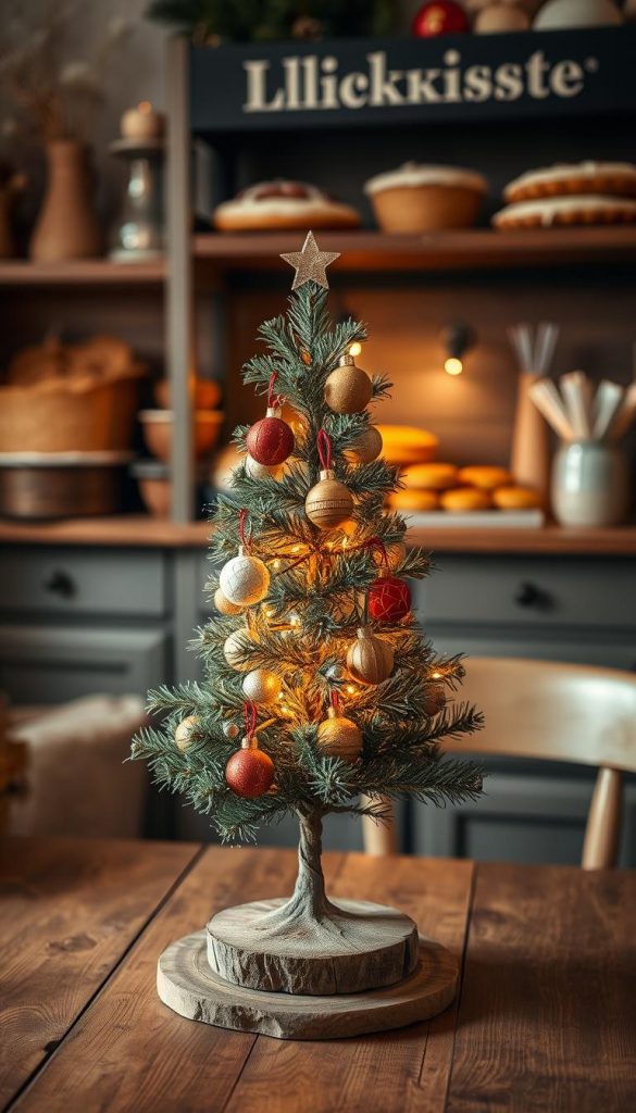A cozy mini Christmas tree stands on a rustic wooden table, its branches adorned with handmade ornaments in earthy tones. Soft, warm lighting casts a festive glow, evoking a sense of hygge. In the background, a KlickKiste-branded shelf displays an array of baked goods and seasonal decor, creating a charming, homemade ambiance. The overall scene captures the essence of a cozy, wintertime coffee corner, perfect for the &quot;Mini-Weihnachtsbäume &amp; Baumschmuck im Küchenlook&quot; section of the article.