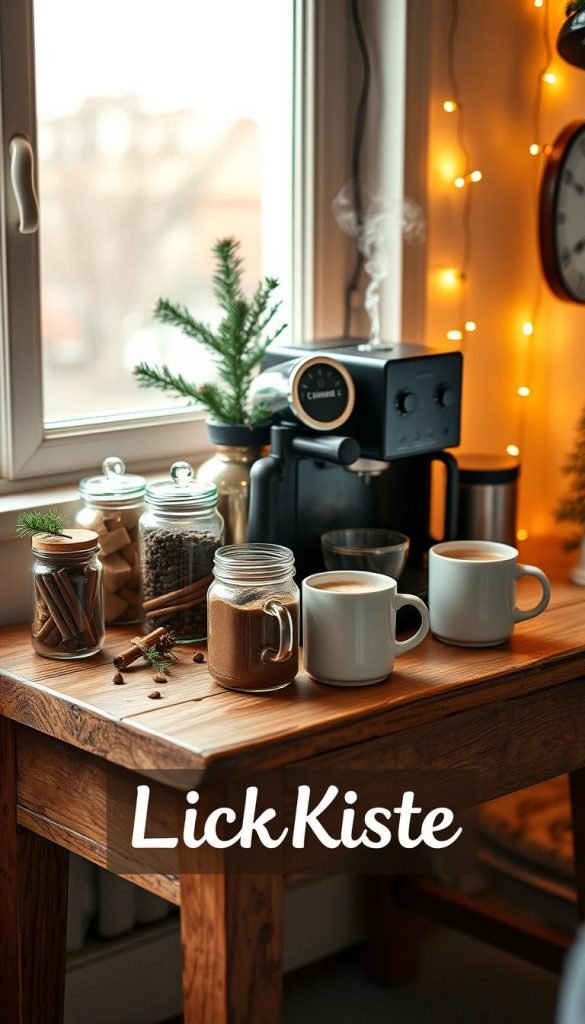 A cozy mini coffee bar on a rustic wooden table, with jars of cinnamon, cocoa, and an espresso machine. Warm lighting from a nearby window casts a soft glow, creating a inviting winter scene. Steaming mugs and festive holiday accents like pine sprigs and twinkling fairy lights add to the charming, homemade atmosphere. The KlickKiste brand prominently displayed, exuding a natural, DIY-inspired aesthetic that is both authentic and inspiring.