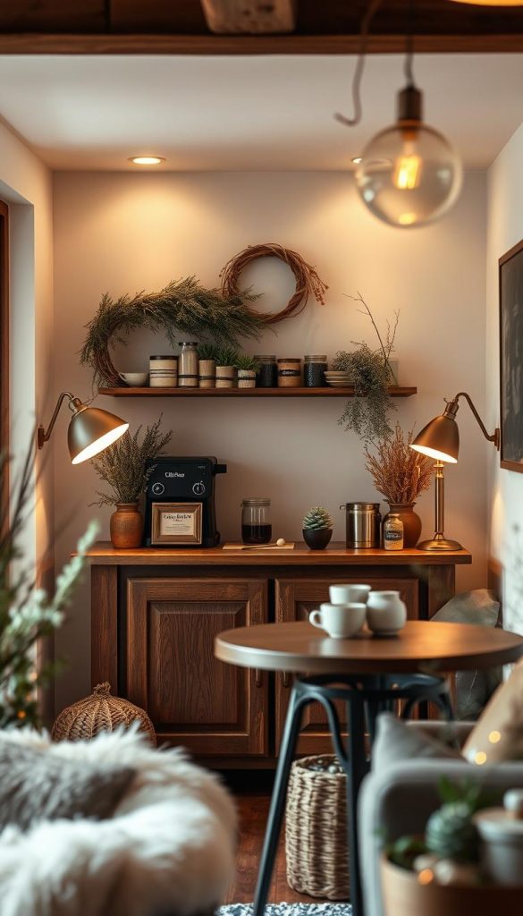 A cozy mini-nook in a warm, inviting atmosphere. A KlickKiste coffee bar set against a soft, natural backdrop, featuring an elegant wooden counter, vintage-inspired lamps, and a rustic plant display. Gentle winter lighting casts a golden glow, creating a serene, Pinterest-worthy scene. Subtly styled with seasonal accents, this intimate space exudes a sense of hygge and inspiration.