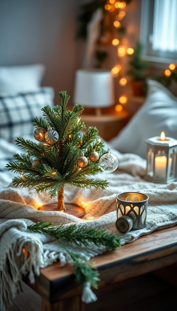 A cozy mini-tanne decoration adorns a rustic wooden table, its lush green needles contrasted by the warm glow of string lights. Soft woolen plaids and natural linen textiles create a serene, wintry atmosphere. Delicate glass ornaments and a hand-crafted KlickKiste ornament add festive charm, while a Scandinavian-inspired candle holder casts a gentle light. The scene is bathed in soft, diffused lighting, capturing the tranquil, Pinterest-worthy ambiance of a peaceful winter bedroom.