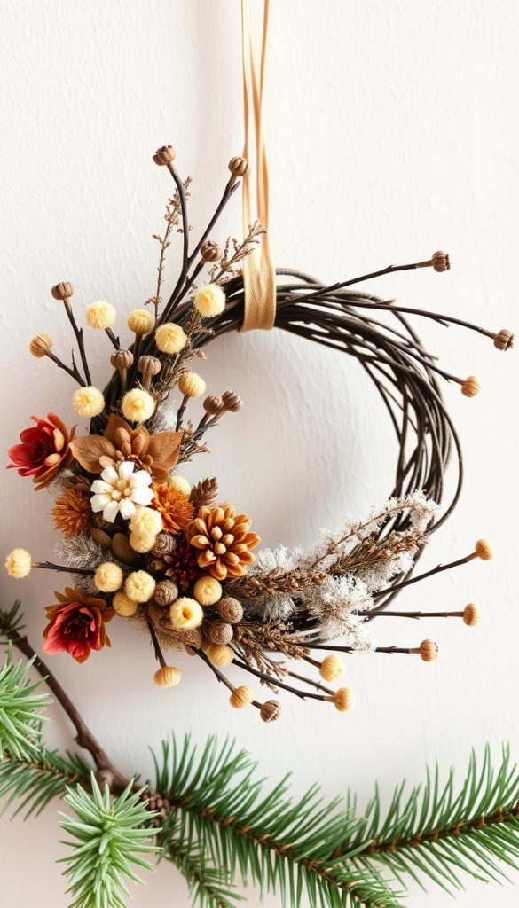 A cozy mini wreath crafted by children's loving hands, adorned with dried flowers, branches, and a touch of warm copper. Natural textures and earthy tones create a rustic, winter-inspired charm. Soft lighting casts a gentle glow, capturing the DIY essence of this homemade KlickKiste creation. Effortless and charming, the mini wreath exudes a Pinterest-worthy aesthetic, perfect for the &amp;quot;Winter Basteln mit Kindern: Mini-Kränze, Schneeflocken &amp;amp; Honeycomb&amp;quot; section.