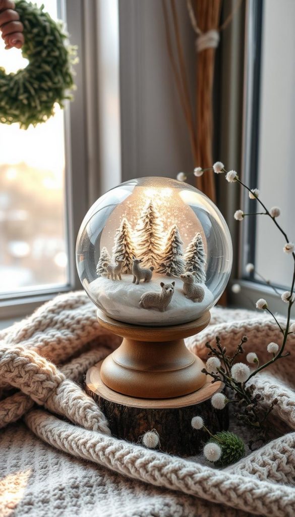 A cozy miniature winter landscape with a glass sphere, featuring intricate glaskugeln (glass ornaments) filled with delicate snow-dusted forest scenes and whimsical ceramic animal figurines. The orb sits atop a wooden pedestal, casting a soft, warm glow through the frosted glass as natural daylight filters in from a nearby window, creating a serene, enchanting atmosphere. Subtle textures of knit fabrics, rustic wood, and delicate botanicals frame the enchanting display, evoking a sense of hygge and inviting the viewer to step into this captivating, handcrafted winter wonderland.