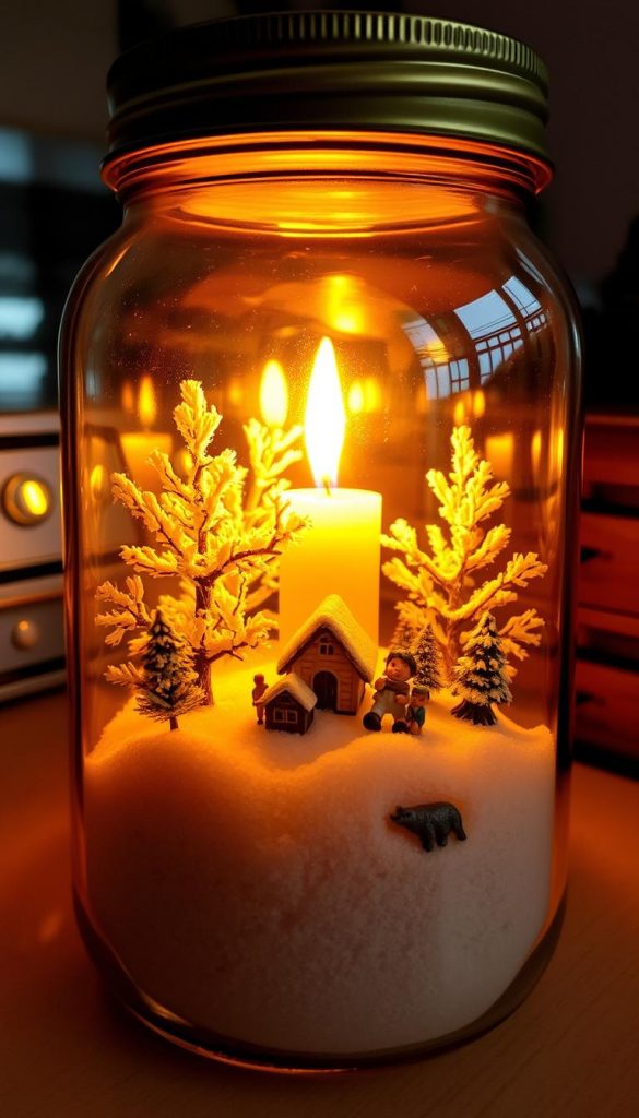A cozy, miniature winter wonderland nestled in a glass jar, illuminated by the gentle glow of a single candle. Delicate snow-dusted trees, a quaint cottage, and whimsical figurines create a nostalgic scene, inviting the viewer to step into a charming, bygone era. The warm, amber lighting casts a soft, inviting atmosphere, while the reflections in the glass add depth and a sense of enclosure, like a self-contained universe. The overall composition evokes a sense of wonder, inviting the viewer to imagine the stories and memories contained within this tiny, enchanting world.