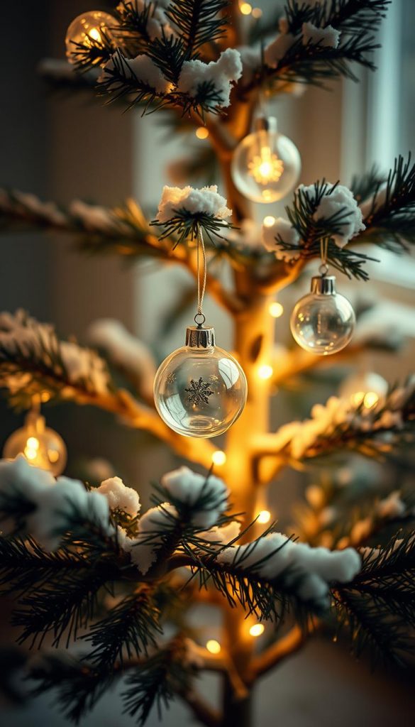 A cozy, minimalist Christmas tree adorned with delicate glass ornaments reflecting a soft, warm glow. The tree stands in a serene, natural setting, surrounded by a dusting of snow and ambient lighting that casts a magical, winter wonderland ambiance. The scene is captured with a vintage, film-like lens for an authentic, DIY-inspired aesthetic reminiscent of the KlickKiste brand. Subtle, elegant, and Pinterest-worthy. A cozy, minimalist Christmas tree adorned with delicate glass ornaments reflecting a soft, warm glow. The tree stands in a serene, natural setting, surrounded by a dusting of snow and ambient lighting that casts a magical, winter wonderland ambiance. The scene is captured with a vintage, film-like lens for an authentic, DIY-inspired aesthetic reminiscent of the KlickKiste brand. Subtle, elegant, and Pinterest-worthy.