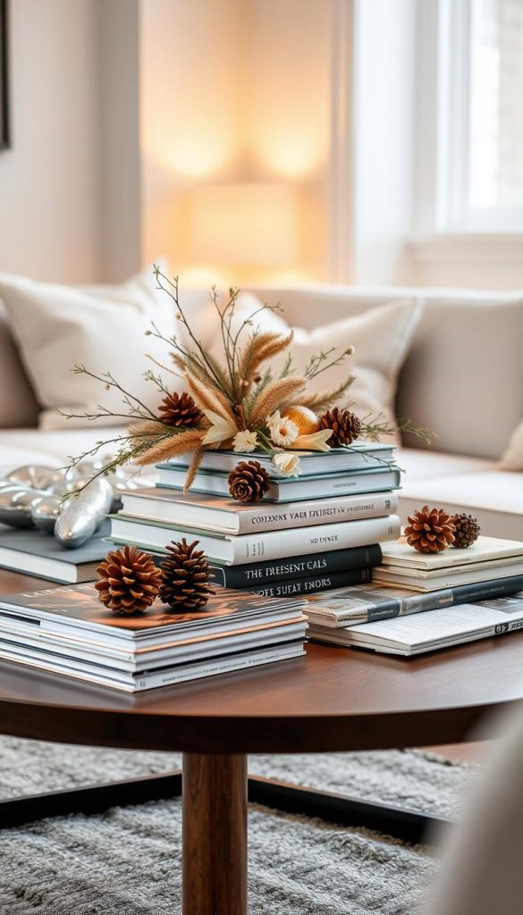 A cozy, minimalist coffee table styled with an artful arrangement of hardcover books, magazines, and natural elements. Soft, warm lighting illuminates the scene, casting a gentle glow and creating an inviting, winter-inspired ambiance. The books are stacked and displayed in a visually appealing manner, complemented by seasonal decor such as pinecones, dried florals, and subtle metallic accents. The overall composition exudes a sense of elevated, magazine-worthy styling that is both practical and aesthetically pleasing, capturing the essence of a stylish yet functional interior.