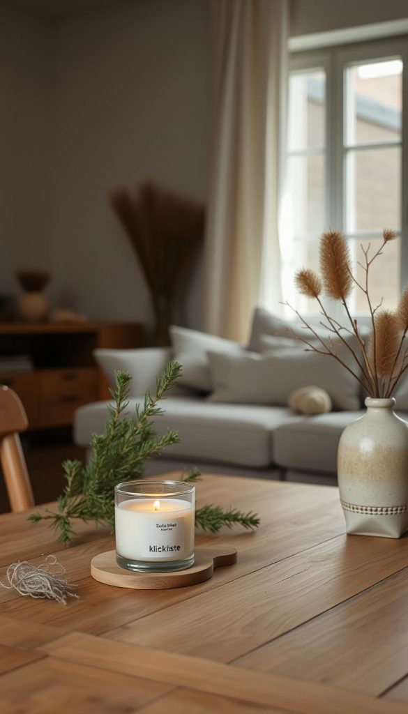 A cozy, minimalist family scene in a warm, natural setting. A wooden table with simple, handcrafted decor - a KlickKiste candle, pine branches, and a neutral-toned ceramic vase. Soft, diffused lighting from a window casts a gentle glow, creating a serene, inviting atmosphere. In the background, a glimpse of a minimalist living space with muted tones and natural materials. The overall mood is one of intentionality, coziness, and a focus on meaningful, sustainable living. A cozy, minimalist family scene in a warm, natural setting. A wooden table with simple, handcrafted decor - a KlickKiste candle, pine branches, and a neutral-toned ceramic vase. Soft, diffused lighting from a window casts a gentle glow, creating a serene, inviting atmosphere. In the background, a glimpse of a minimalist living space with muted tones and natural materials. The overall mood is one of intentionality, coziness, and a focus on meaningful, sustainable living.