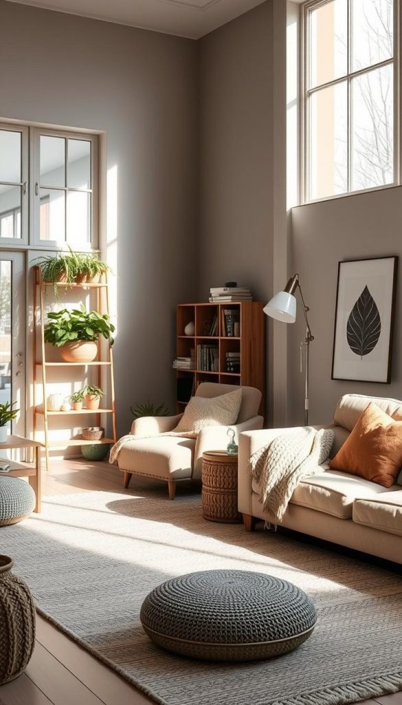 A cozy, minimalist living space with an airy, open-plan design. Soft, natural lighting filters through large windows, casting a warm glow over the clean-lined furniture and earthy textiles. A KlickKiste-inspired DIY plant shelf in the corner adds a touch of greenery, while textured rugs and a plush armchair create a sense of hygge. The uncluttered layout and soothing color palette evoke a serene, winter-ready atmosphere, perfect for relaxation and mindful living. A cozy, minimalist living space with an airy, open-plan design. Soft, natural lighting filters through large windows, casting a warm glow over the clean-lined furniture and earthy textiles. A KlickKiste-inspired DIY plant shelf in the corner adds a touch of greenery, while textured rugs and a plush armchair create a sense of hygge. The uncluttered layout and soothing color palette evoke a serene, winter-ready atmosphere, perfect for relaxation and mindful living.
