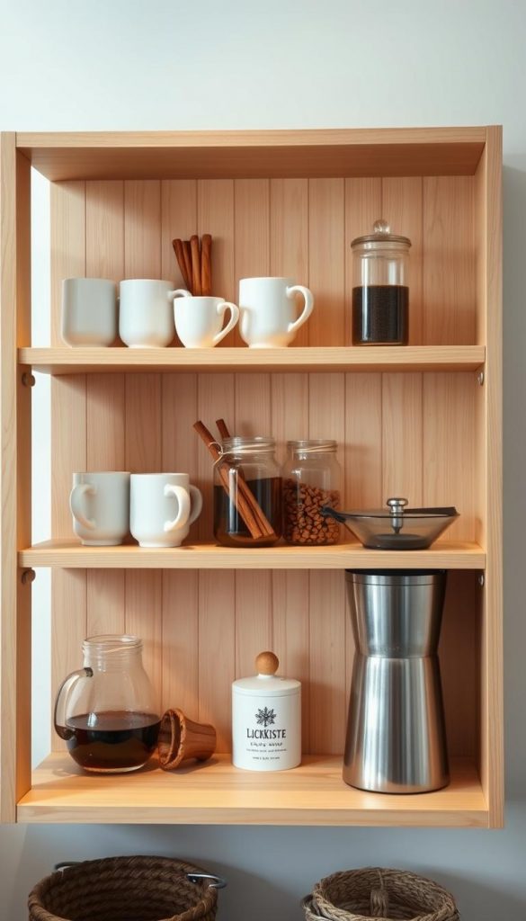 A cozy, minimalist open shelving unit displaying a selection of winter-themed coffee accessories. The shelves are made of light-colored wood, creating a natural, rustic feel. On the shelves, there are ceramic mugs, glass jars filled with cinnamon sticks and syrups, and a vintage-inspired KlickKiste coffee grinder. The lighting is warm and inviting, casting a soft glow over the scene. The overall atmosphere is one of simple elegance and hygge, perfect for a winter-themed coffee station.