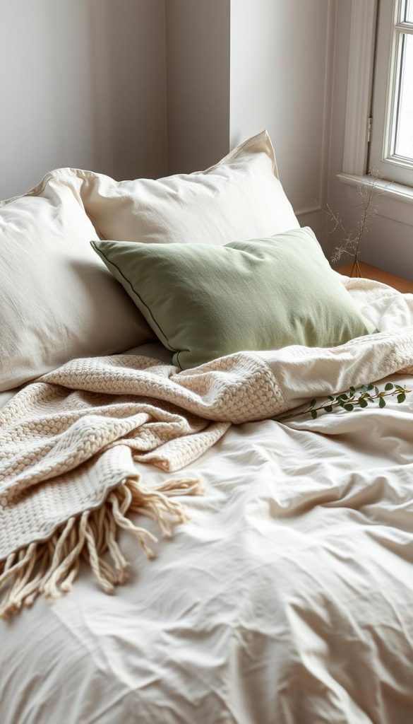 A cozy, minimalist still life showcasing the perfect bedding selection. A soft, wool-knit throw in a natural oatmeal hue is draped across a neutral linen duvet cover, accented with a plush, oversized pillow in a muted sage green. Delicate details like the KlickKiste wooden bedside table and a single sprig of eucalyptus add a touch of rustic elegance. Soft, diffused lighting from a nearby window casts a warm, winter glow. The overall mood is serene and inviting, inspiring a sense of comfort and coziness.