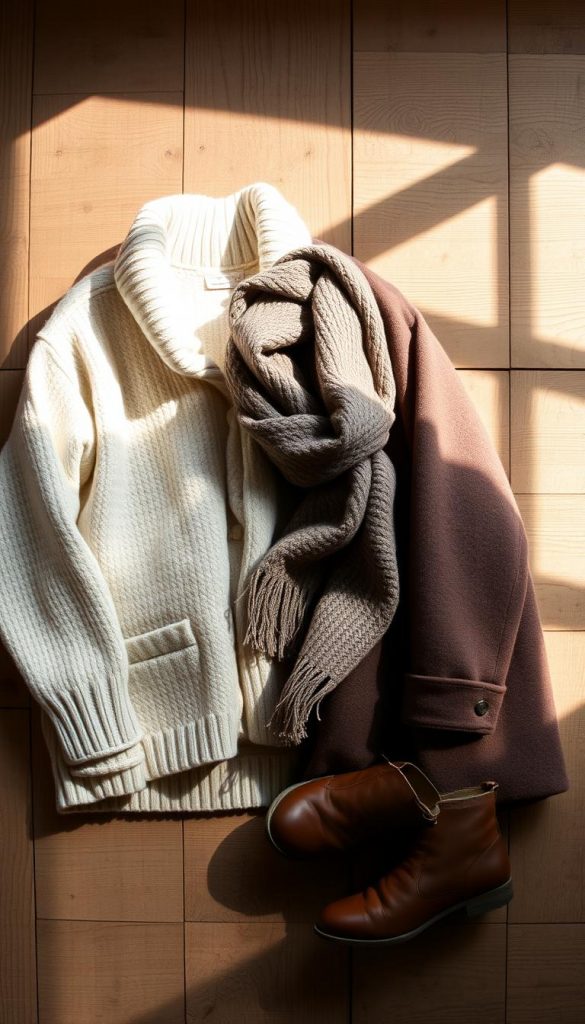 A cozy, minimalist winter capsule wardrobe arranged on a rustic wooden surface. Featuring a neutral color palette of creams, beiges, and soft grays, with accents of deep burgundy and forest green. Textured knits, wool blend coats, and leather boots take center stage, complemented by a soft, chunky KlickKiste scarf draped effortlessly. Natural lighting filters in, casting a warm, inviting glow. The scene exudes a sense of hygge, perfect for stylish, practical winter looks.