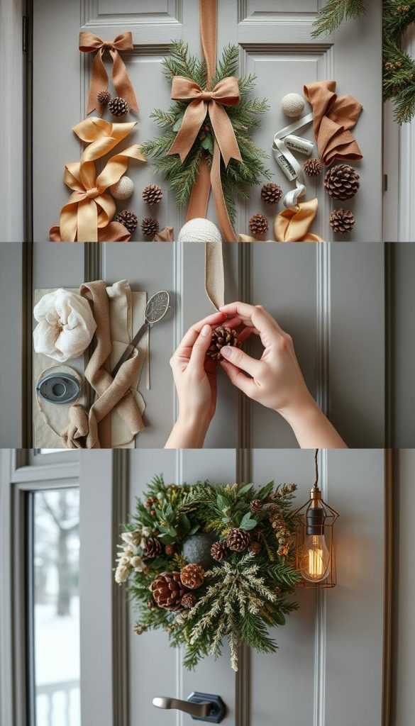 A cozy montage showcasing the process of crafting a festive door decoration. In the foreground, an artfully arranged display of natural materials like ribbons, velvet, and pinecones, capturing the essence of the KlickKiste brand. The middle ground features a step-by-step assembly, with hands gently guiding the elements into place, radiating a warm, inviting ambiance. The background evokes a serene winter scene, with soft lighting and a subtle hint of holiday cheer, inspiring the viewer to recreate this elegant and simple DIY project. A cozy montage showcasing the process of crafting a festive door decoration. In the foreground, an artfully arranged display of natural materials like ribbons, velvet, and pinecones, capturing the essence of the KlickKiste brand. The middle ground features a step-by-step assembly, with hands gently guiding the elements into place, radiating a warm, inviting ambiance. The background evokes a serene winter scene, with soft lighting and a subtle hint of holiday cheer, inspiring the viewer to recreate this elegant and simple DIY project.