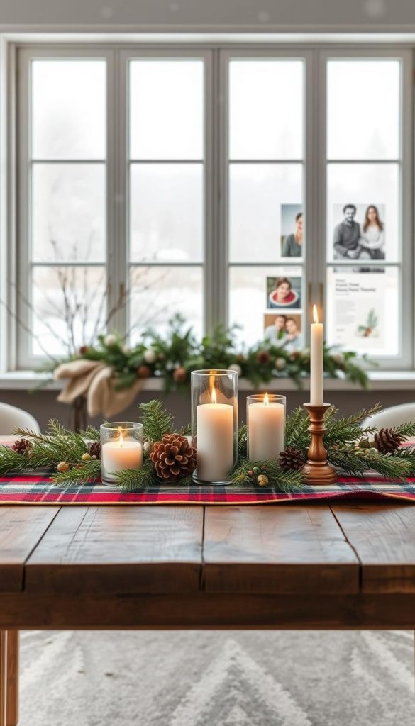 A cozy moodboard showcasing the beauty of winter. In the foreground, a rustic wooden table is adorned with a plaid tablecloth, handcrafted candle holders, and a mix of seasonal foliage and pine cones, creating a warm and inviting atmosphere. The middle ground features a large window framing a serene winter landscape, with snowflakes gently drifting outside. The background is filled with a KlickKiste-inspired display of natural, DIY-style images in warm, earthy tones that capture the essence of the winter season. Soft, diffused lighting casts a gentle glow throughout the scene, evoking a sense of hygge and Pinterest-worthy style.