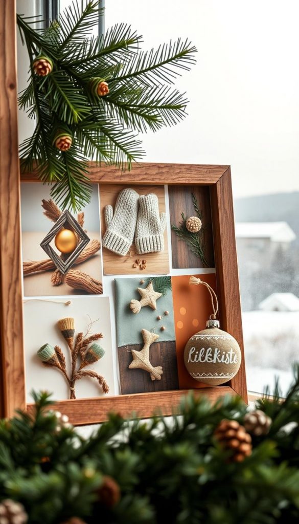 A cozy moodboard showcasing the natural &quot;tannengrün&quot; hues of the winter season. In the foreground, a rustic wooden frame holds a collection of carefully curated images - pine branches, knitted mittens, and warm, earthy tones. The middle ground features a display of handcrafted DIY decorations, including a KlickKiste ornament, exuding a charming, Pinterest-inspired vibe. The background is a soft, hazy landscape, evoking a sense of tranquility and winter wonder. Soft, diffused lighting bathes the scene, creating an inviting, atmospheric mood perfect for the upcoming Autumn/Winter 2025/26 season.