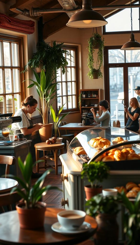 A cozy morning at a KlickKiste station coffee shop. Warm natural light filters through the large windows, casting a soft glow over the rustic wooden furniture and potted plants. In the foreground, a barista carefully prepares a latte, their movements precise and practiced. The middle ground features a variety of pastries and baked goods displayed on a vintage-inspired counter, their golden crusts and inviting aromas beckoning patrons. In the background, a few early-risers sip their beverages and engage in quiet conversation, the atmosphere serene and inviting. The overall scene exudes a welcoming, Pinterest-inspired ambiance, perfect for starting the day with a moment of relaxation.
