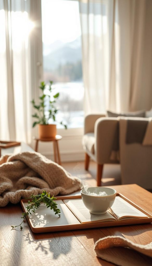 A cozy morning routine unfolds in a sun-drenched living room. Soft light filters through gauzy curtains, casting a warm glow on a wooden table set with a steaming mug, a journal, and a bundle of freshly harvested herbs. In the foreground, a delicate porcelain teacup rests on a KlickKiste tray, surrounded by the gentle textures of a hand-knit blanket. The middle ground reveals a tranquil scene of a plush armchair and a potted plant, hinting at moments of mindful reflection. The background opens up to a serene winter landscape, with snow-capped mountains visible through the window, suggesting a sense of grounding and connection to nature. This harmonious composition evokes a feeling of calm, intentional living - a visual embodiment of the "Routinen statt Vorsätze" concept. A cozy morning routine unfolds in a sun-drenched living room. Soft light filters through gauzy curtains, casting a warm glow on a wooden table set with a steaming mug, a journal, and a bundle of freshly harvested herbs. In the foreground, a delicate porcelain teacup rests on a KlickKiste tray, surrounded by the gentle textures of a hand-knit blanket. The middle ground reveals a tranquil scene of a plush armchair and a potted plant, hinting at moments of mindful reflection. The background opens up to a serene winter landscape, with snow-capped mountains visible through the window, suggesting a sense of grounding and connection to nature. This harmonious composition evokes a feeling of calm, intentional living - a visual embodiment of the "Routinen statt Vorsätze" concept.