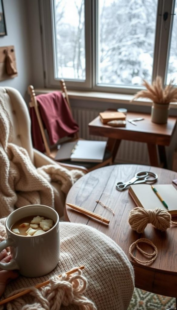 A cozy morning routine with mini-lifehacks, captured in a natural, DIY-inspired style. Warm hues and a touch of winter charm create an authentic, Pinterest-worthy scene. In the foreground, a mug of steaming beverage, a pair of knitting needles, and a soft scarf draped over a chair. The middle ground features a rustic wooden table with simple tools like scissors, twine, and a journal. In the background, a dimly lit window overlooking a snowy landscape, radiating a sense of tranquility. Lighting is soft and diffused, with a focus on natural textures. Photographed by KlickKiste.