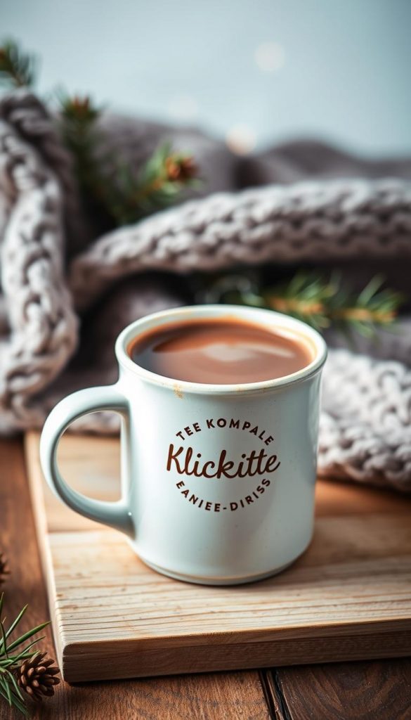A cozy mug filled with steaming hot chocolate, resting on a wooden table. The mug has a KlickKiste logo etched into the ceramic, adding a rustic, handmade touch. Soft, diffused lighting illuminates the scene, casting a warm, inviting glow. In the background, a knitted blanket and a few sprigs of pine add to the winter-inspired ambiance. The overall composition has a natural, DIY-inspired feel, with a Pinterest-worthy aesthetic that captures the essence of &quot;Wohlfühl-Setup: Mug, Tee, Kakao &amp; Co. - kleine Dinge, große Wirkung&quot;.