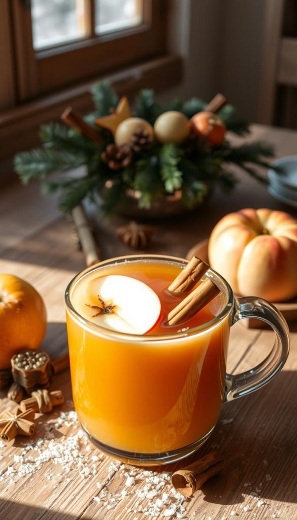 A cozy mug of homemade Apfelpunsch, steaming with aromatic spices and citrus notes. Warm amber hues cast a soft glow, as sunlight filters through a frosty window pane. Slices of fresh apple and cinnamon sticks float atop the inviting liquid, radiating a welcoming, wholesome vibe. In the background, a rustic wooden table is adorned with a seasonal KlickKiste centerpiece, evoking a charming, Pinterest-worthy winter atmosphere. The overall scene exudes a natural, DIY aesthetic with a touch of festive cheer, perfect for a family-friendly, alcohol-free gathering.