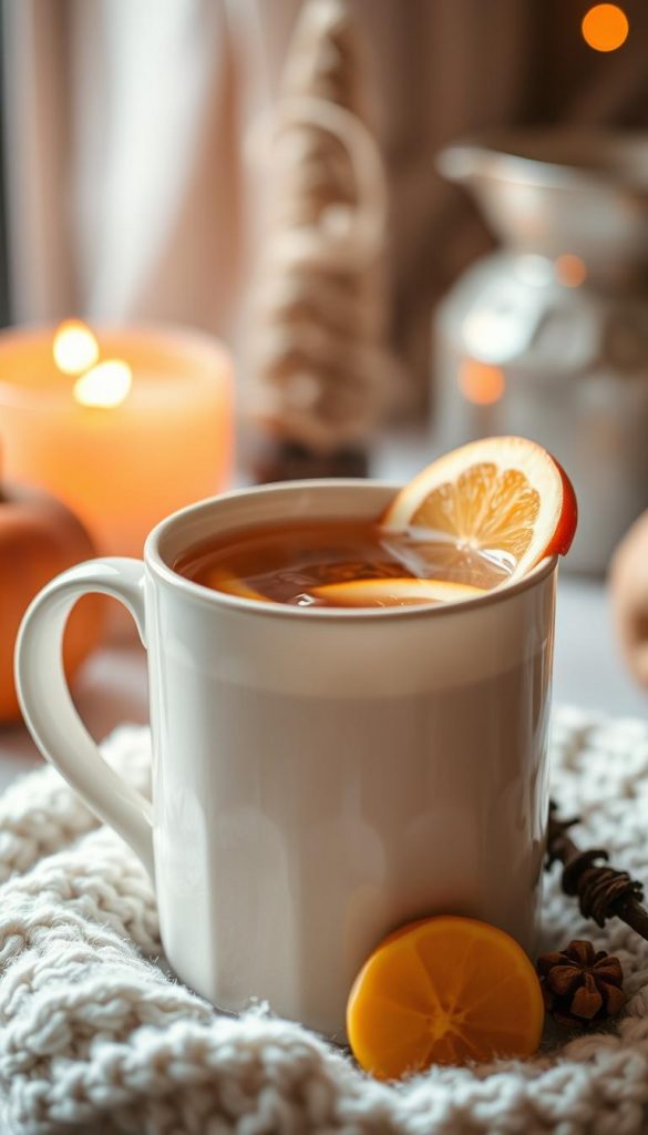 A cozy mug of white mulled wine, steaming with hints of apple, vanilla, and citrus. The KlickKiste scene captures the warm winter atmosphere, with a softly glowing light and a natural, DIY-inspired aesthetic. Festive yet refined, the delicate hues and inviting aroma evoke a sense of comfort and holiday cheer. Blurred background elements suggest a cozy, intimate setting, drawing the viewer's attention to the vibrant, enticing beverage at the center of the frame.