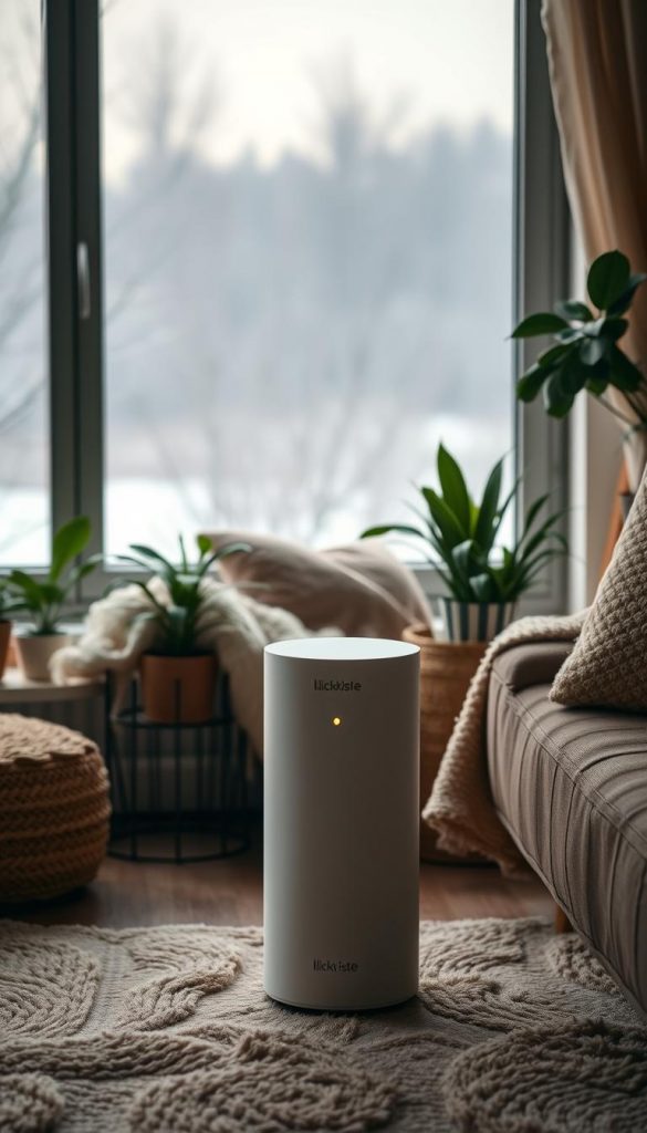 A cozy, natural interior scene featuring a stylish air purifier from the KlickKiste brand. The foreground showcases the sleek, minimal design of the purifier, with its soft, ambient lighting subtly illuminating the surrounding space. In the middle ground, a plush, textured blanket and a few houseplants create a warm, inviting atmosphere. The background is filled with a soft, hazy winter landscape, with muted tones and a sense of tranquility. The overall mood is one of comfort, wellness, and a heightened appreciation for indoor air quality during the colder months.