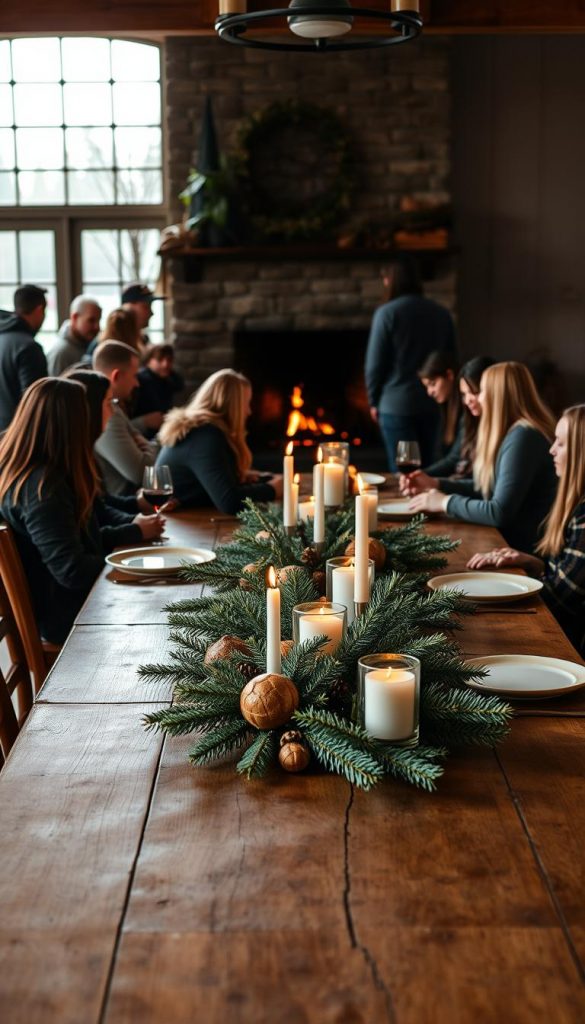A cozy, natural-looking Friendsgiving scene in a rustic, farmhouse-style setting. In the foreground, a wooden table is set with seasonal decor like pine branches, candles, and a KlickKiste centerpiece. In the middle ground, groups of people gather around, enjoying each other's company and a warm meal. The background features a inviting fireplace with a crackling fire, and large windows letting in soft, natural winter light. The overall mood is relaxed, intimate, and filled with a sense of community and gratitude. Muted, earthy tones and a Pinterest-inspired aesthetic create a visually pleasing, inspirational image.