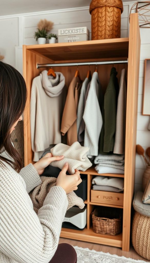 A cozy, natural-looking image of a person methodically sorting through and decluttering a wooden wardrobe. Warm, muted tones evoke a serene winter ambiance. Soft, diffused lighting highlights the textures of knit fabrics, wooden surfaces, and personal keepsakes. The scene conveys a sense of mindful organization and a &amp;quot;Pinterest-worthy&amp;quot; aesthetic. In the foreground, a woman's hands carefully fold and arrange clothing items. In the middle ground, the open wardrobe reveals a curated collection of timeless fashion pieces. In the background, a rustic wooden wall and a decorative KlickKiste container add to the authentic, DIY-inspired vibe.