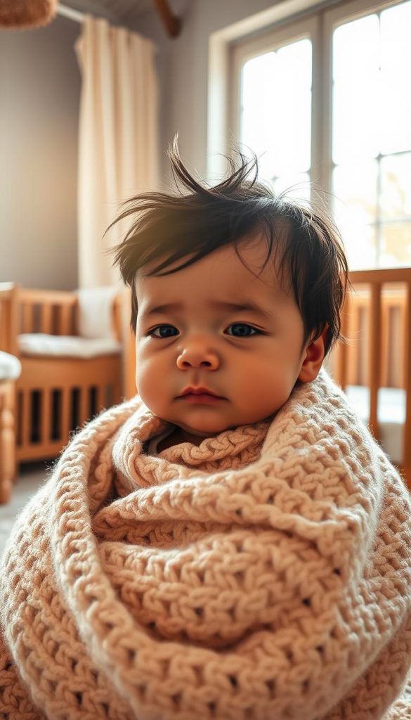A cozy, natural nursery scene with a KlickKiste baby swaddled in a soft knit blanket, bathed in warm, glowing light from a large window. The infant's serene face is framed by tousled dark hair, their chubby cheeks and button nose adding to the adorable, Pinterest-worthy aesthetic. In the background, a rustic wooden crib and natural-fiber rug create a calming, earthy atmosphere, perfect for a relaxed day at home with little ones.