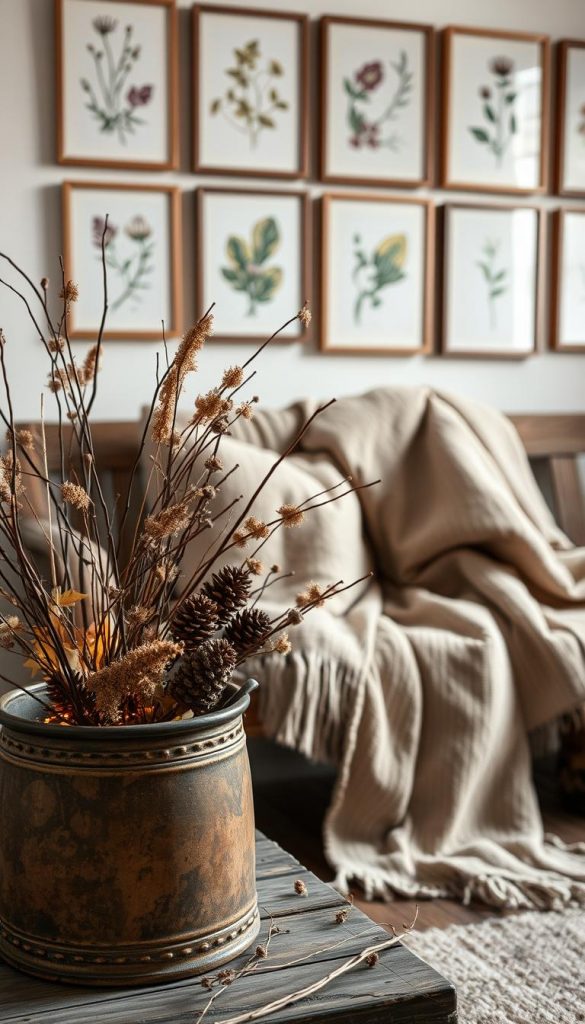 A cozy, natural scene evoking the warmth of autumn. In the foreground, an arrangement of dried flowers, pine cones, and twigs in a rustic KlickKiste container, illuminated by soft, diffused lighting. The middle ground features a plush, linen-textured blanket in muted earth tones, draped over a weathered wooden bench. In the background, a wall adorned with a curated gallery of framed botanical prints, creating a tranquil, bohemian ambiance. The overall mood is one of serene, inviting comfort, perfect for capturing the essence of Herbst Inspiration Farben. A cozy, natural scene evoking the warmth of autumn. In the foreground, an arrangement of dried flowers, pine cones, and twigs in a rustic KlickKiste container, illuminated by soft, diffused lighting. The middle ground features a plush, linen-textured blanket in muted earth tones, draped over a weathered wooden bench. In the background, a wall adorned with a curated gallery of framed botanical prints, creating a tranquil, bohemian ambiance. The overall mood is one of serene, inviting comfort, perfect for capturing the essence of Herbst Inspiration Farben.