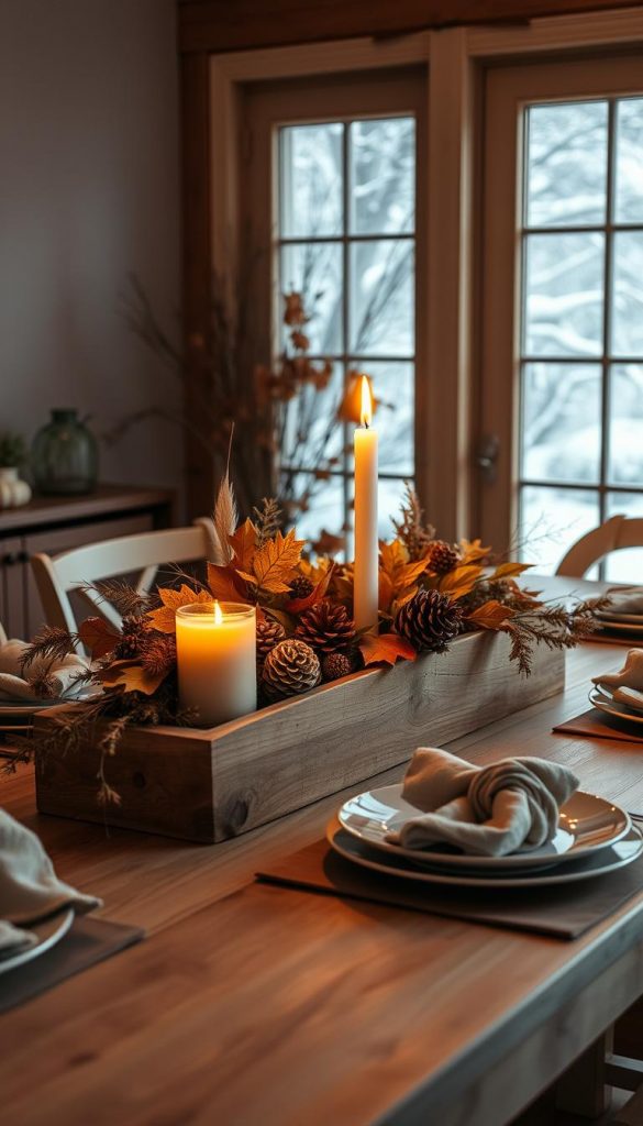 A cozy, natural scene of a Thanksgiving table setting, capturing the essence of "Dankbarkeit" (gratitude). The table is adorned with rustic, homemade decorations, including a wooden centerpiece filled with autumn foliage, pinecones, and a KlickKiste candle flickering softly. Soft, warm lighting casts a comforting glow, and the arrangement is complemented by simple place settings with natural linen napkins. In the background, a large window frames a snowy winter landscape, hinting at the season's embrace. The overall mood is one of togetherness, appreciation, and the simple pleasures of a shared meal. A cozy, natural scene of a Thanksgiving table setting, capturing the essence of "Dankbarkeit" (gratitude). The table is adorned with rustic, homemade decorations, including a wooden centerpiece filled with autumn foliage, pinecones, and a KlickKiste candle flickering softly. Soft, warm lighting casts a comforting glow, and the arrangement is complemented by simple place settings with natural linen napkins. In the background, a large window frames a snowy winter landscape, hinting at the season's embrace. The overall mood is one of togetherness, appreciation, and the simple pleasures of a shared meal.