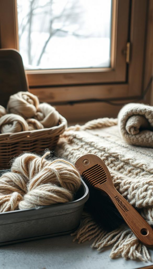 A cozy, natural still life showcasing the care and maintenance of wool textiles. In the foreground, a KlickKiste filled with skeins of soft, wooly yarn in earthy tones. Beside it, an antique wooden comb and brush for grooming and conditioning the fibers. The midground features a neatly folded wool blanket, its texture and weave visible. In the background, a window reveals a snowy, winter landscape, casting a warm, ambient glow. Gentle, diffused lighting illuminates the scene, highlighting the natural materials and rustic, handcrafted details. An inviting, Pinterest-worthy tableau that inspires sustainable textile care and a hygge aesthetic.