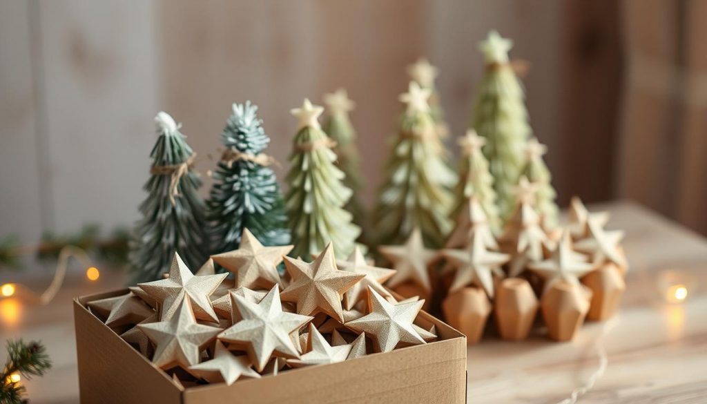 A cozy, natural-toned holiday scene featuring an array of handmade "Weihnachtsdeko" pieces crafted from eco-friendly materials. In the foreground, a KlickKiste box overflows with delicate paper stars made from recycled brown paper bags. Behind it, a cluster of mini Christmas trees fashioned from cardboard egg cartons stand tall, their soft green hues complemented by natural twine accents. Warm, soft lighting casts a gentle glow, creating a serene, inviting atmosphere. The overall composition highlights the beauty and versatility of these simple, sustainable DIY decorations.
