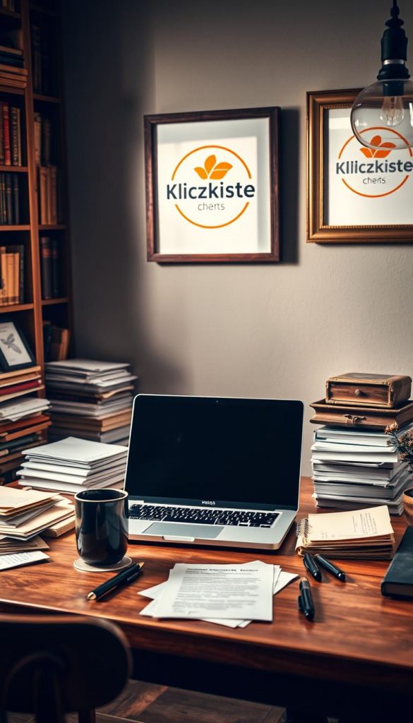 A cozy, naturally-lit interior scene with a vintage aesthetic. In the center, a wooden desk with a laptop, surrounded by a neatly organized array of papers, pens, and a steaming mug of coffee. The background features a bookshelf filled with well-worn volumes, and a framed KlickKiste logo hangs on the wall, casting a warm glow. The overall mood is one of focus, productivity, and a sense of winter coziness, inviting the viewer to embrace a fresh start and declutter their digital life.