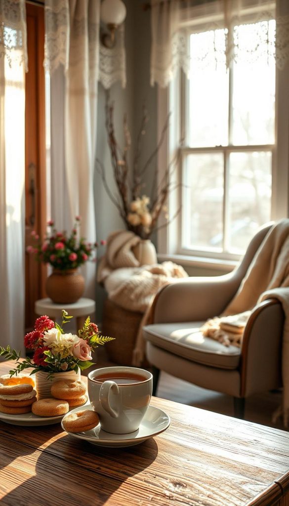 A cozy nook in a sun-dappled home, a steaming cup of fragrant tea takes center stage. Crisp winter light filters through lace-trimmed curtains, casting a soft, inviting glow. In the foreground, a rustic wooden table holds an assortment of biscuits, cakes, and seasonal blooms, inviting you to savor the moment. Beyond, a plush armchair and a warm knit throw hint at the comfort and relaxation that await. The scene exudes a sense of hygge, a Danish concept of coziness and contentment, perfectly capturing the essence of an afternoon tea ritual in the comfort of one's own home.