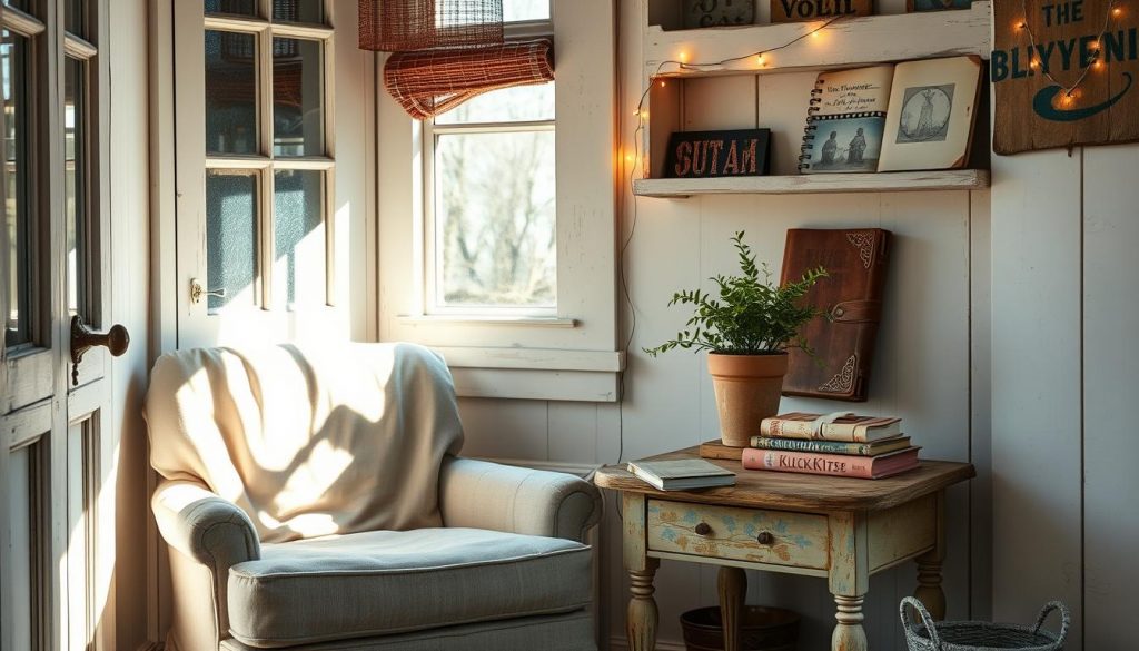 A cozy nook showcasing shabby chic style, with a vintage armchair adorned in a linen slipcover. Sunlight streams through a nearby window, casting a warm glow on the weathered KlickKiste side table displaying a potted plant and a stack of well-worn books. In the background, a distressed wooden shelf holds an eclectic mix of decor items, including a string of twinkling lights and a worn-in leather-bound journal. The overall atmosphere is one of rustic charm and casual elegance, inviting the viewer to relax and immerse themselves in this inviting space.