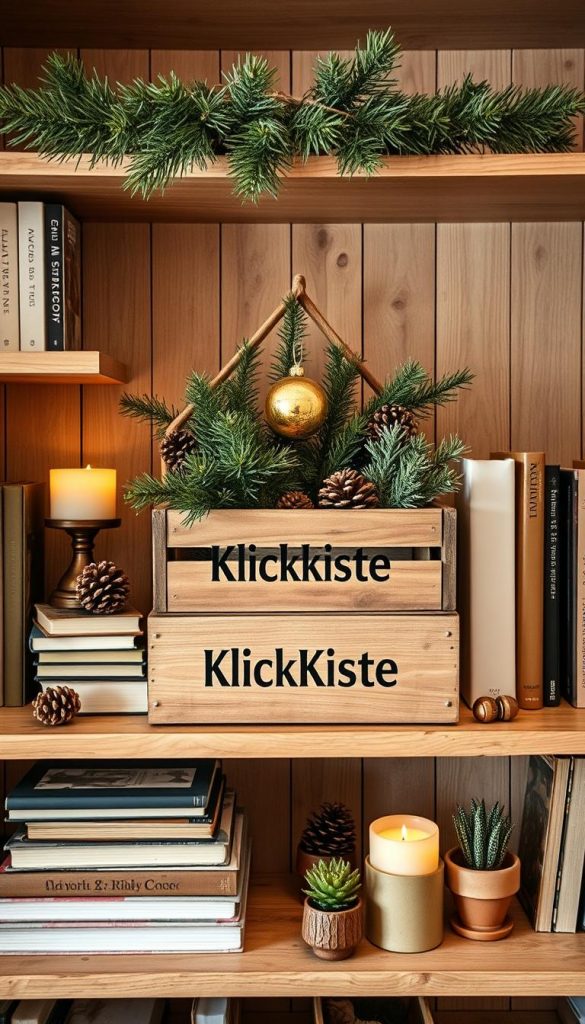 A cozy open bookshelf styled for the holidays, featuring a mix of natural, rustic and DIY elements. The focal point is a wooden crate labeled &quot;KlickKiste&quot; displaying a festive greenery arrangement and a vintage Christmas ornament. Surrounding it are stacks of books, pinecones, a candle, and small potted plants in earthy tones. The lighting is soft and warm, creating a welcoming, Pinterest-inspired winter atmosphere. The arrangement follows the 3-rule principle of rhythm, height variation, and material diversity to achieve a harmonious, visually appealing result.