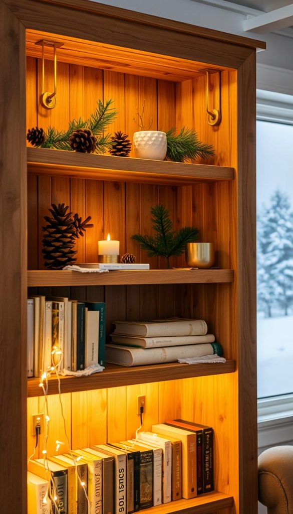 A cozy, open bookshelf with rustic wooden shelves, adorned with festive winter-inspired decor. The shelves are styled with a mix of natural elements like pinecones, sprigs of evergreen, and a small potted plant, complemented by warm metallic accents like a golden candleholder and delicate fairy lights. The lighting is soft and ambient, creating a inviting, winter-wonderland atmosphere. The background features a blurred, snowy landscape, hinting at the season. Capture this charming, Pinterest-worthy scene with a KlickKiste aesthetic.