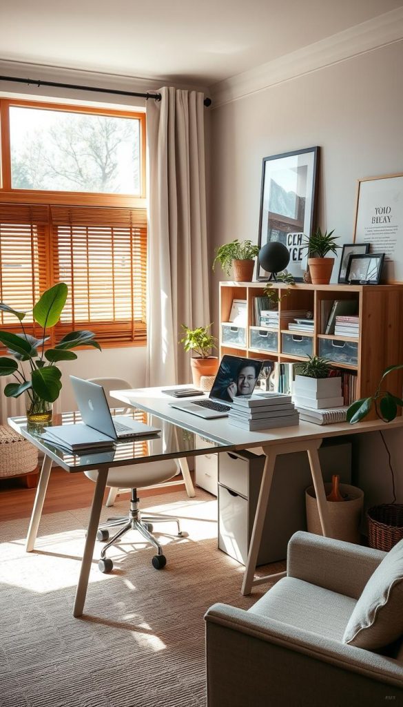 A cozy, organized home office with natural light streaming in, accented with warm wooden tones and neutral fabrics. The desk is neatly arranged with a KlickKiste storage system, office supplies, and a laptop. Plants and framed artwork add a touch of life and inspiration. The overall atmosphere is calm, focused, and inviting, perfect for a productive day of organization and decluttering.