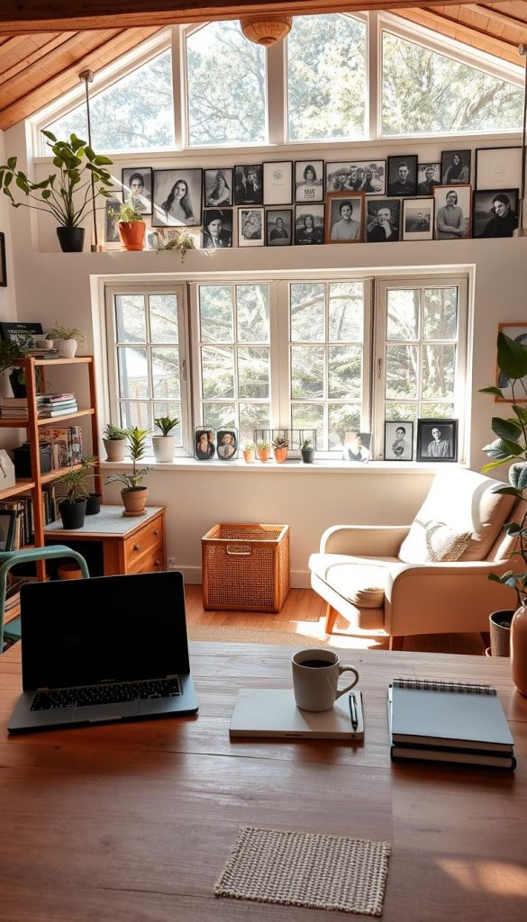 A cozy, organized workspace with a natural, rustic aesthetic. Sunlight filters through large windows, casting a warm glow over the scene. In the foreground, a wooden desk neatly arranged with a laptop, notebook, and a cup of coffee. On the shelves behind, carefully curated plants, books, and a KlickKiste storage box. The middle ground features a woven rug and a comfortable armchair, inviting relaxation. In the background, a large windowsill showcases an array of framed photos, creating a sense of personal connection. The overall atmosphere is one of mindfulness, productivity, and digital order.