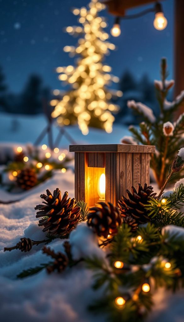 A cozy outdoor lighting scene, featuring a rustic wooden KlickKiste nestled amidst a winter wonderland. Soft, warm LED lights illuminate the natural surroundings, casting a gentle glow on the snow-covered landscape. In the foreground, a carefully curated arrangement of pinecones, twigs, and festive greenery adds a touch of organic elegance. The middle ground showcases the KlickKiste, its weathered design blending seamlessly with the earthy tones of the environment. In the background, a starry night sky sets the mood, creating a serene and inviting atmosphere. The overall composition radiates a sense of natural charm and holiday cheer, perfect for capturing the essence of reliable outdoor lighting in any season.
