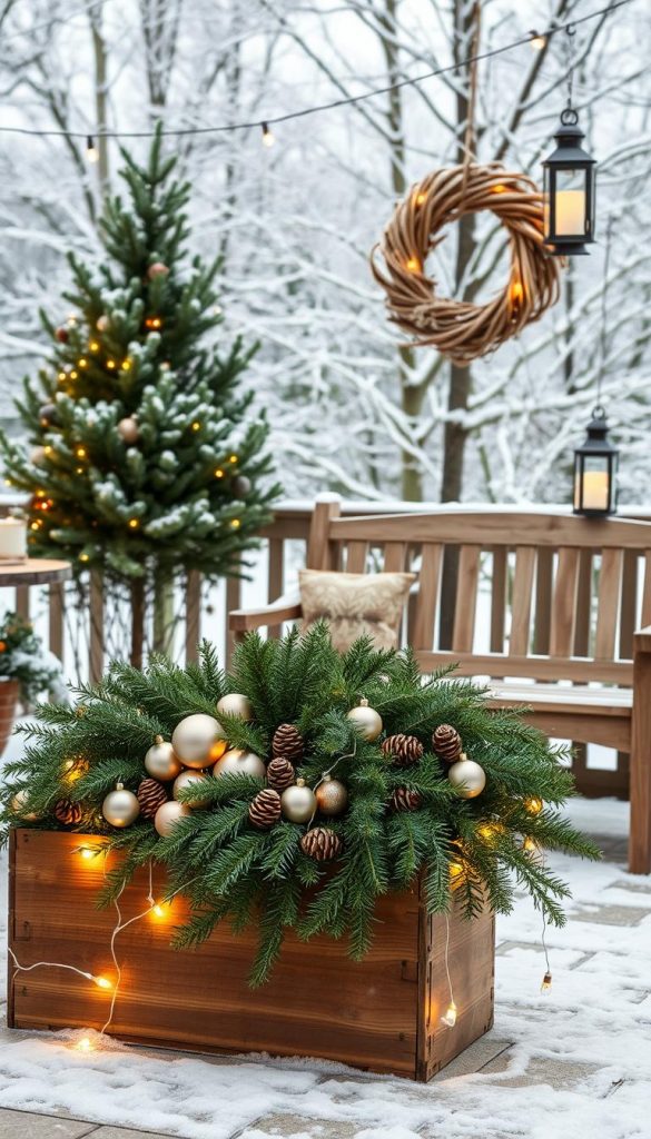 A cozy outdoor oasis adorned with the latest Weihnachtstrends must-haves. In the foreground, a rustic wooden planter box overflows with lush evergreen boughs, pinecones, and soft-hued ornaments. Twinkling string lights are wrapped around a natural, DIY-style wreath hanging nearby. In the middle ground, a pair of KlickKiste lanterns cast a warm, inviting glow, while a weathered garden bench sets the scene. The background features a backdrop of snow-dusted trees, creating a serene winter wonderland. Subtle Pinterest-inspired styling and a natural, authentic color palette evoke a sense of festive hygge. A cozy outdoor oasis adorned with the latest Weihnachtstrends must-haves. In the foreground, a rustic wooden planter box overflows with lush evergreen boughs, pinecones, and soft-hued ornaments. Twinkling string lights are wrapped around a natural, DIY-style wreath hanging nearby. In the middle ground, a pair of KlickKiste lanterns cast a warm, inviting glow, while a weathered garden bench sets the scene. The background features a backdrop of snow-dusted trees, creating a serene winter wonderland. Subtle Pinterest-inspired styling and a natural, authentic color palette evoke a sense of festive hygge.