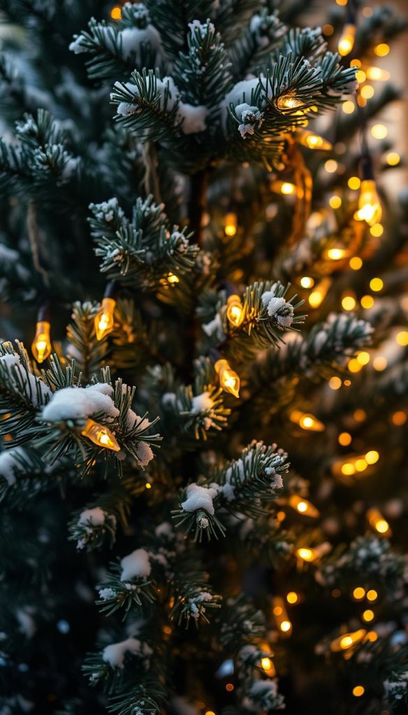 A cozy outdoor scene featuring a delicate string of warm, twinkling lights gently draped across a lush, snow-dusted evergreen tree. The soft glow of the lights casts a gentle, winter-wonderland ambiance, creating a captivating and inviting display. Subtle hints of frosted pine needles and a dusting of snow on the branches add to the natural, rustic aesthetic. The lighting is evenly distributed, with a soft, diffused quality that illuminates the scene without harsh shadows. The composition places the tree and lights as the central focus, framed by a blurred, softly-lit background that suggests a peaceful, wintry outdoor setting. An enchanting, Pinterest-worthy depiction of festive outdoor decor.