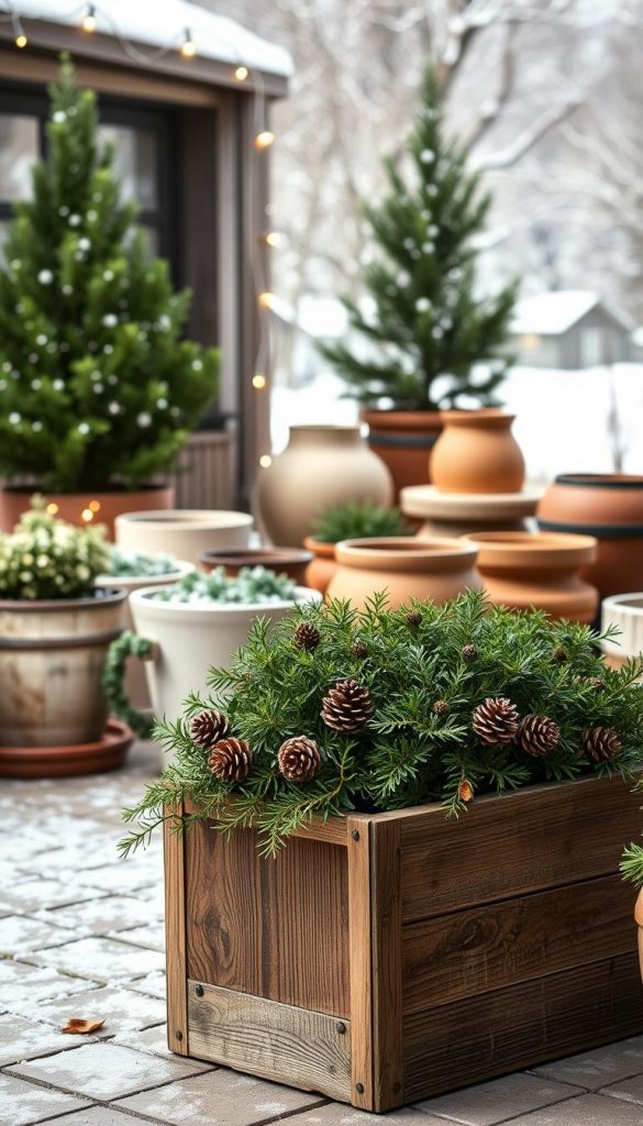 A cozy outdoor scene featuring an array of weather-resistant KlickKiste planters made from natural materials. The foreground showcases a rustic wooden planter box filled with lush greenery, its weathered surface complemented by pinecones and string lights. In the middle ground, a selection of elegant ceramic and terracotta pots in earthy tones creates a harmonious display. The background depicts a cozy winter landscape, with soft snowfall and a warm, inviting atmosphere, evoking a sense of Pinterest-inspired hygge. The lighting is soft and diffused, accentuating the natural textures and colors, resulting in an authentic, inspirational image.