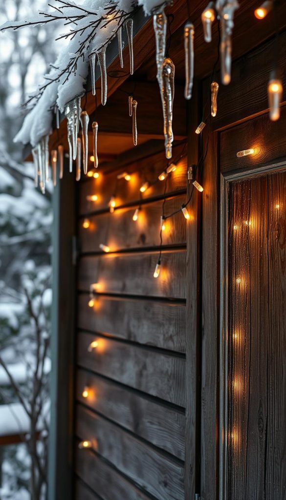 A cozy outdoor scene with a KlickKiste facade adorned in a warm, inviting winter wonderland. Soft, twinkling lights cascade across the weathered wooden surface, casting a gentle, atmospheric glow. Delicate icicles hang from the eaves, complementing the rustic, natural charm. A sense of coziness and charm emanates from the scene, perfect for setting the mood in a cozy outdoor living space. Layers of detail, from the intricate textures of the wood to the subtle sparkle of the lights, create a visually captivating and Pinterest-worthy image.