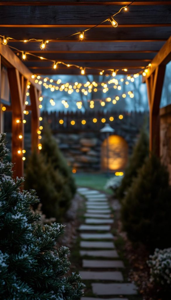 A cozy outdoor scene with a string of warm, twinkling lights draped across a wooden pergola. The lights cast a soft, ambient glow, creating a inviting atmosphere. In the foreground, lush evergreen plants and frosty-looking greenery add a touch of natural, winter charm. The middle ground features a well-lit path leading deeper into the scene, guiding the viewer's eye. In the background, a glimpse of a stone wall or fence adds depth and a sense of enclosure, while still allowing the viewer to imagine the wider outdoor space. The overall mood is one of hygge, calm, and simple holiday elegance.