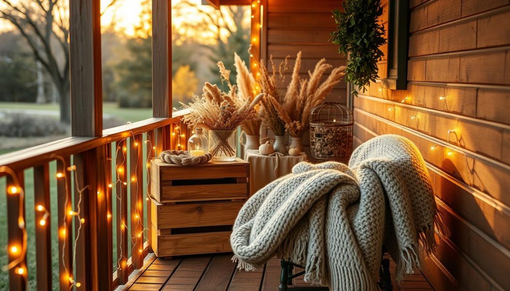 A cozy outdoor scene with a warm white Lichterkette (string of lights) cascading down a wooden porch railing. Soft ambient glow from the KlickKiste DIY lights illuminates a rustic vignette of wooden crates, dried florals, and a plush throw blanket. The scene is bathed in golden hour light, casting a welcoming, hygge-inspired atmosphere. The camera angle is slightly elevated, providing a flattering, Pinterest-perfect perspective. Every detail, from the natural textures to the careful styling, has been thoughtfully considered to create a visually captivating, shareable image. A cozy outdoor scene with a warm white Lichterkette (string of lights) cascading down a wooden porch railing. Soft ambient glow from the KlickKiste DIY lights illuminates a rustic vignette of wooden crates, dried florals, and a plush throw blanket. The scene is bathed in golden hour light, casting a welcoming, hygge-inspired atmosphere. The camera angle is slightly elevated, providing a flattering, Pinterest-perfect perspective. Every detail, from the natural textures to the careful styling, has been thoughtfully considered to create a visually captivating, shareable image.