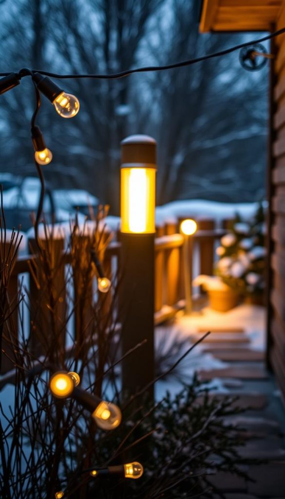 A cozy outdoor scene with energy-efficient LED lighting, showcasing a range of illumination options for a warm, atmospheric ambiance. In the foreground, a cluster of string lights cast a soft, inviting glow, while in the middle ground, a wooden post supports a modern LED light fixture, emitting a gentle, amber-hued radiance. In the background, a timer-controlled path light guides the way, its subtle illumination complementing the natural winter setting. The overall mood is one of rustic charm and sustainable, thoughtful design, perfectly capturing the essence of "Energie sparen clever gelöst: LED, Timer, Smart & Zeitschaltuhr". A cozy outdoor scene with energy-efficient LED lighting, showcasing a range of illumination options for a warm, atmospheric ambiance. In the foreground, a cluster of string lights cast a soft, inviting glow, while in the middle ground, a wooden post supports a modern LED light fixture, emitting a gentle, amber-hued radiance. In the background, a timer-controlled path light guides the way, its subtle illumination complementing the natural winter setting. The overall mood is one of rustic charm and sustainable, thoughtful design, perfectly capturing the essence of "Energie sparen clever gelöst: LED, Timer, Smart & Zeitschaltuhr".