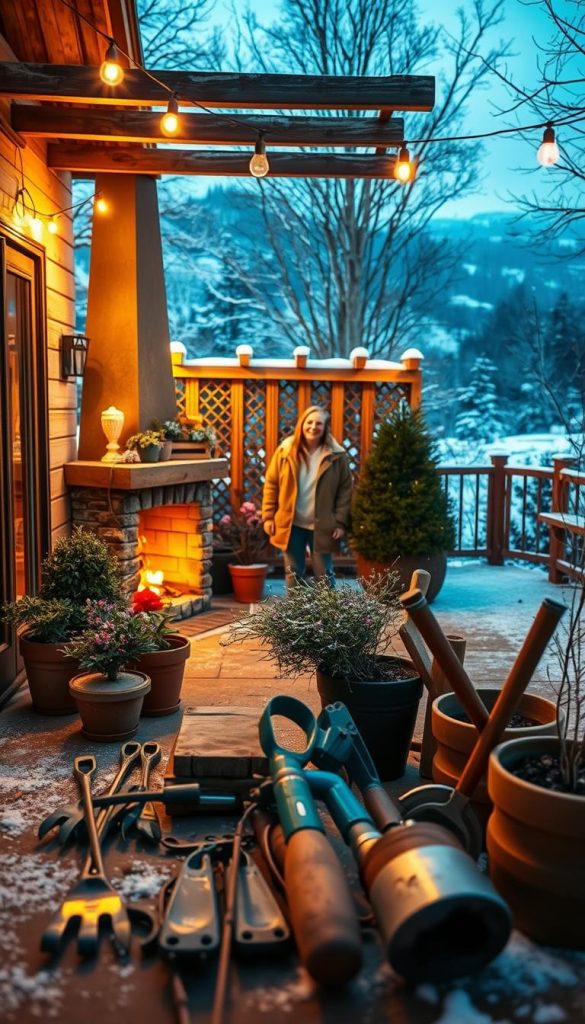 A cozy outdoor setting in the KlickKiste winter wonderland. A well-lit patio with natural wooden decor, lush potted plants, and a rustic outdoor fireplace casting a warm glow. In the foreground, gardening tools and DIY project supplies neatly arranged, hinting at practical tips for planning, safety, and installation. The middle ground features a pair of smiling homeowners admiring their handiwork, surrounded by a dusting of snow. The background showcases a picturesque winter landscape, with soft, moody lighting and a touch of Pinterest-inspired charm. An authentic, inspiring scene that embodies the &quot;Praxis-Tipps: Planung, Sicherheit &amp; Montage im Außenbereich&quot; theme.